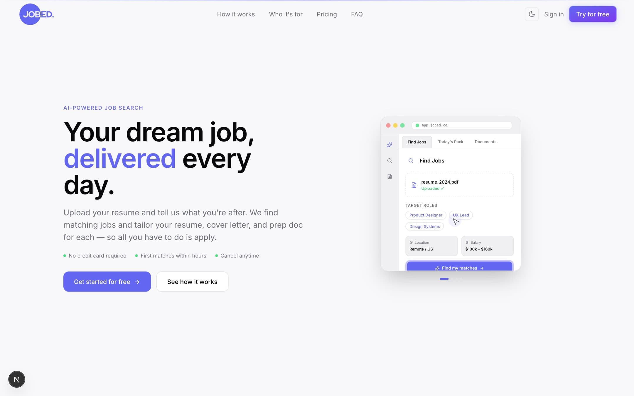 Jobed landing page — your dream job, delivered every day