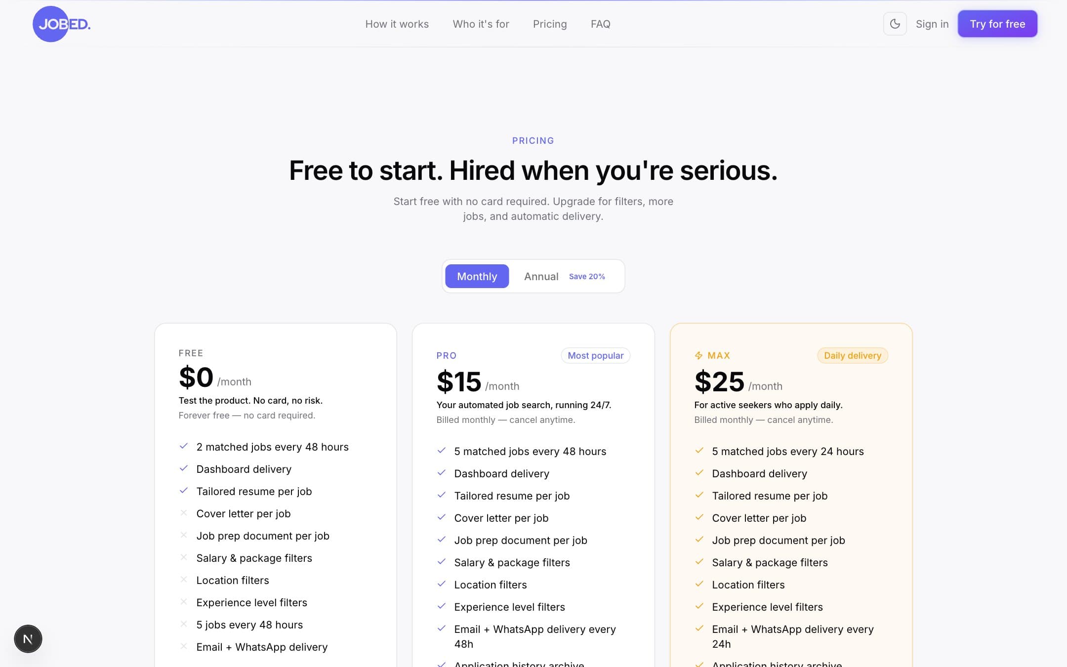 Jobed pricing plans